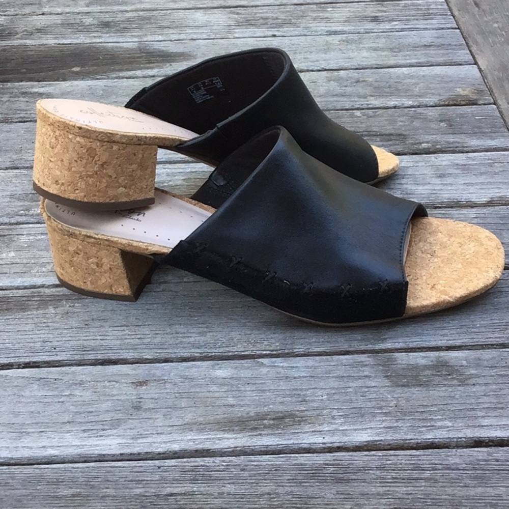 Clarks Black leather Cork Heel Women's Mules brand new